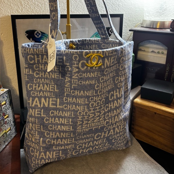 Source Unknown Handbags - Source Unknown Denim and White Text Tote